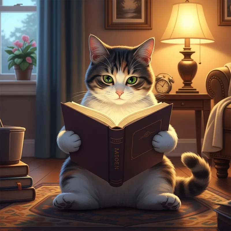 Curious Cat Immersed in Reading