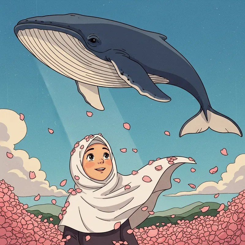 Girl in White Hijab under Blue Whale with Sakura Flowers | Vintage Animation Art