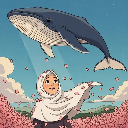 Girl in White Hijab with Sakura Flowers and Blue Whale | Ghibli Art