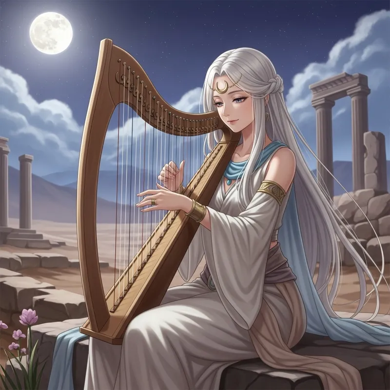 Serenity of the Moon: Anime Style Woman Playing Harp in Ancient Ruins
