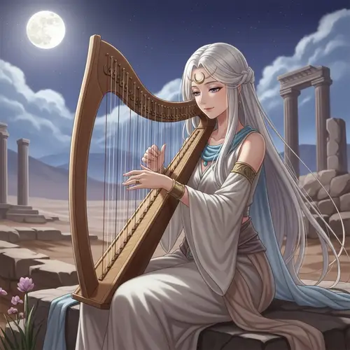 Anime Style White-Haired Woman Playing Harp in Serene Greek Setting