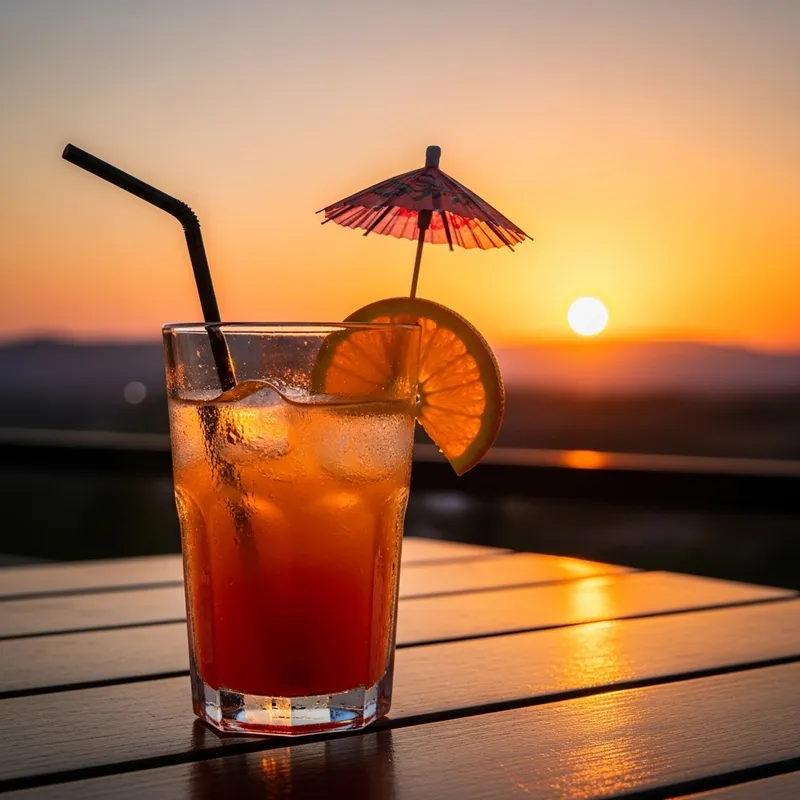 Icy Orange Juice with Fruit Garnish on Sunset Table
