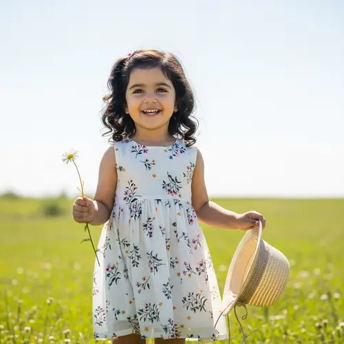 Adorable Middle Eastern Girl in White Dress with Daisy and Sunhat