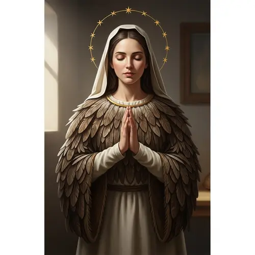 Peaceful Mother Mary in Brown Feathered Dress