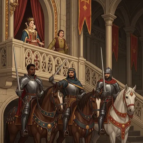 Renaissance Painting of a Queen and Three Knights in Castle Setting