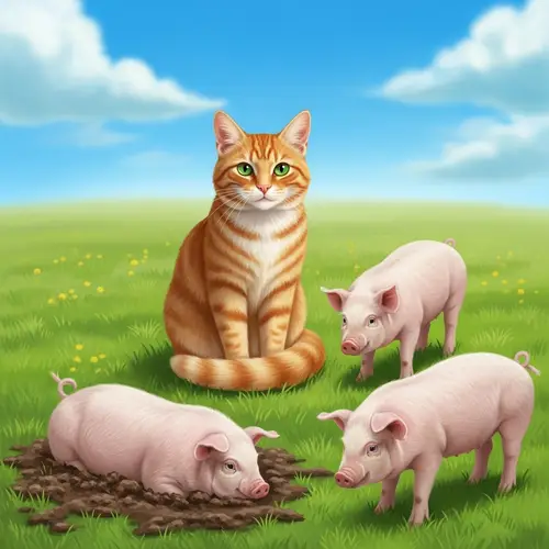 Heartwarming Friendship: Cat, Pigs in Grassy Field