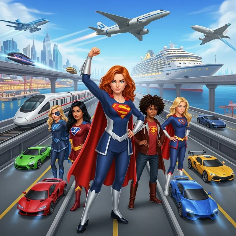 Diverse Superhero Group with Futuristic Transport in Action Diverse Superhero Group with Futuristic Transport in Action