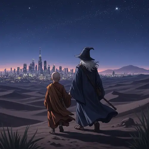 Monk and Wizard Journeying Through Desert | Celestial Narrative