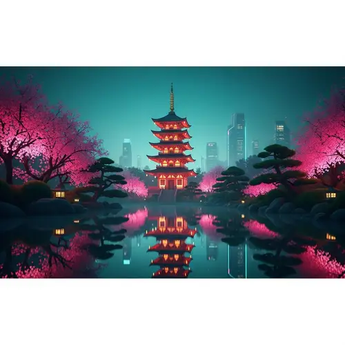 Serene Japanese Garden at Twilight with Cyberpunk Aesthetic