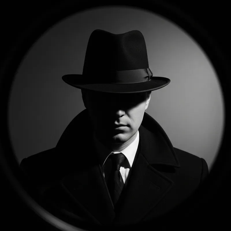 Shadowy Enigma: Stylish Film Noir Figure & Vintage Camera Capture
