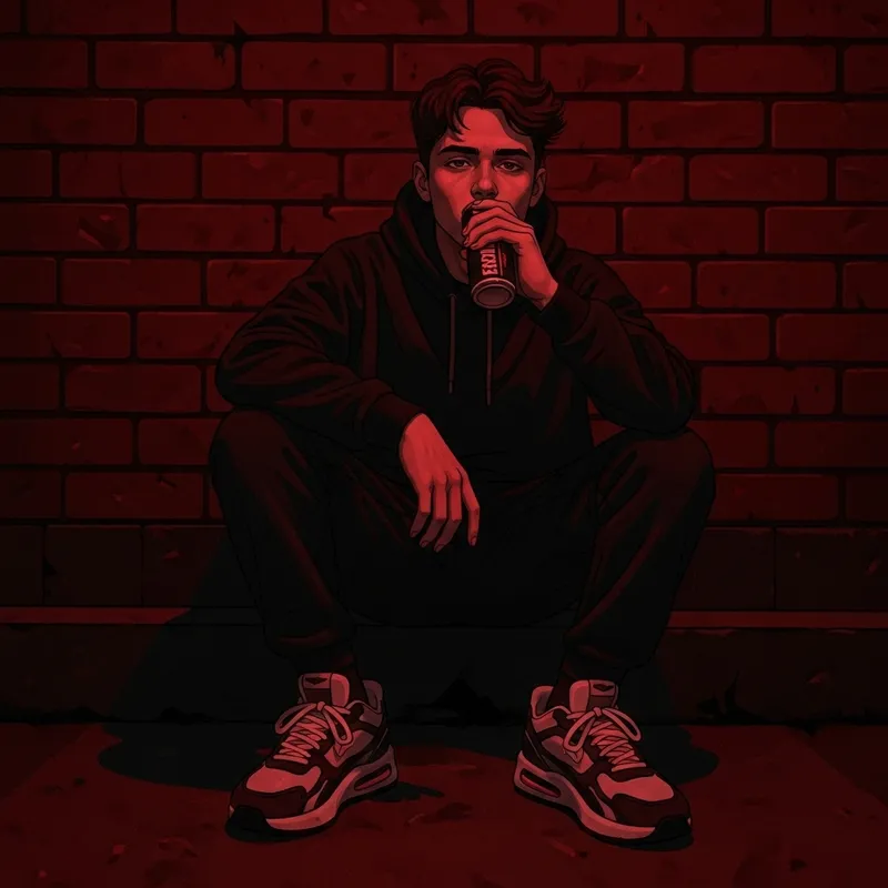 Brooding Man in Dark Clothing Sipping Energy Drink in High-Contrast Style Brooding Man in Dark Clothing Sipping Energy Drink in High-Contrast Style