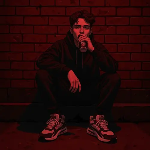 Dark Mood Caucasian Man Sipping Energy Drink in Chiaroscuro Style