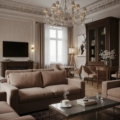 Elegant Modern-Classical Apartment Interior with Plush Sofa and Coffee