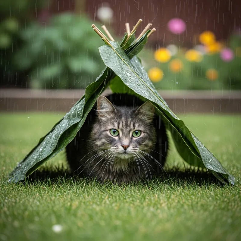 Feline Refuge: Cat Under Leafy Canopy in Rain