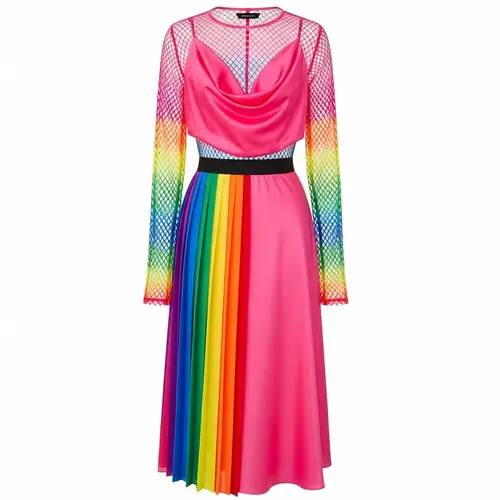 Neon Culture Fashion Ensemble: Vibrant Neon Silk Top, Mesh Cover-Up, Rainbow Skirt