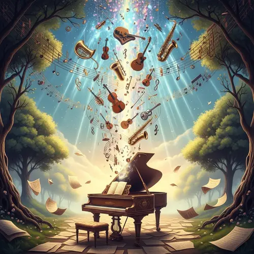 Visually Stunning Music Dreamscape with Grand Piano and Musical Instruments