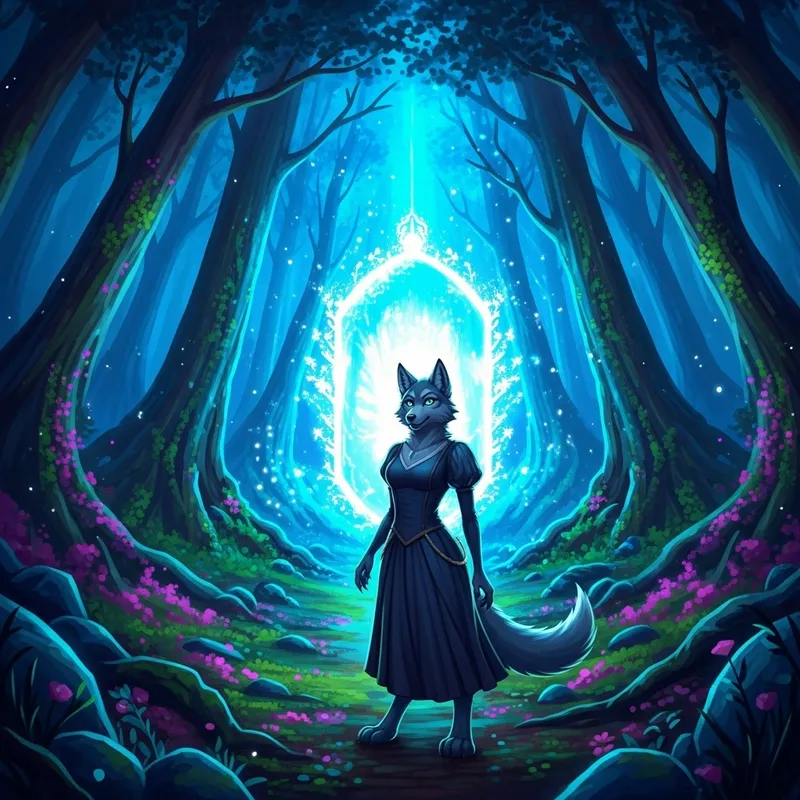 Enchanting Mystical Forest with Glowing Portal and Anthropomorphic Female Wolf