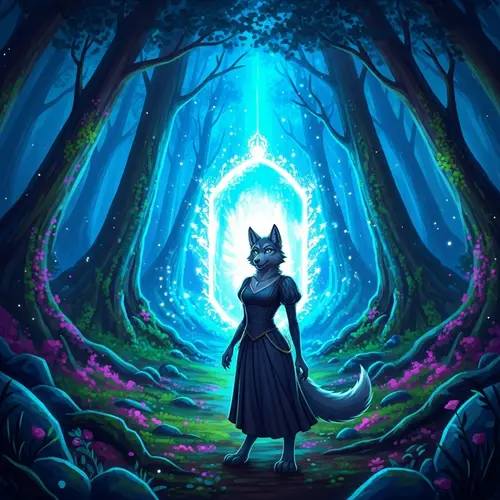Enchanting Mystical Forest with Glowing Portal and Female Wolf