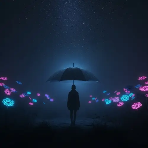 Mystical Starry Scene with Neon Flowers | Solitude & Wonder