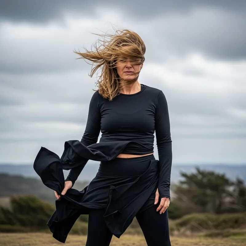 Blonde Woman in Black Athletic Outfit on Windy Day Blonde Woman in Black Athletic Outfit on Windy Day