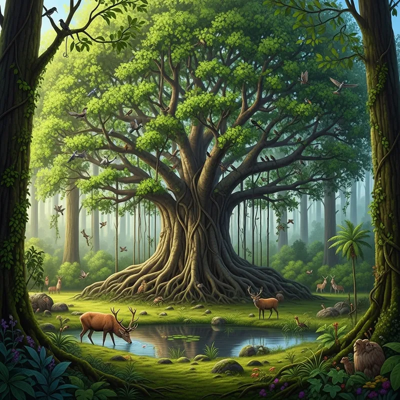 Enchanting Forest with Sacred Fig Tree and Diverse Wildlife