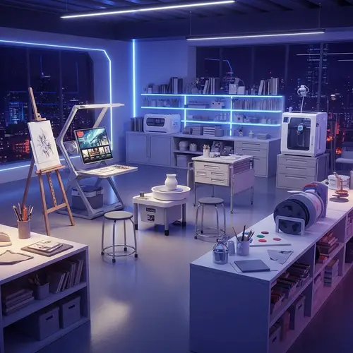 Futuristic Artist Studio with Innovative Furniture and Tools