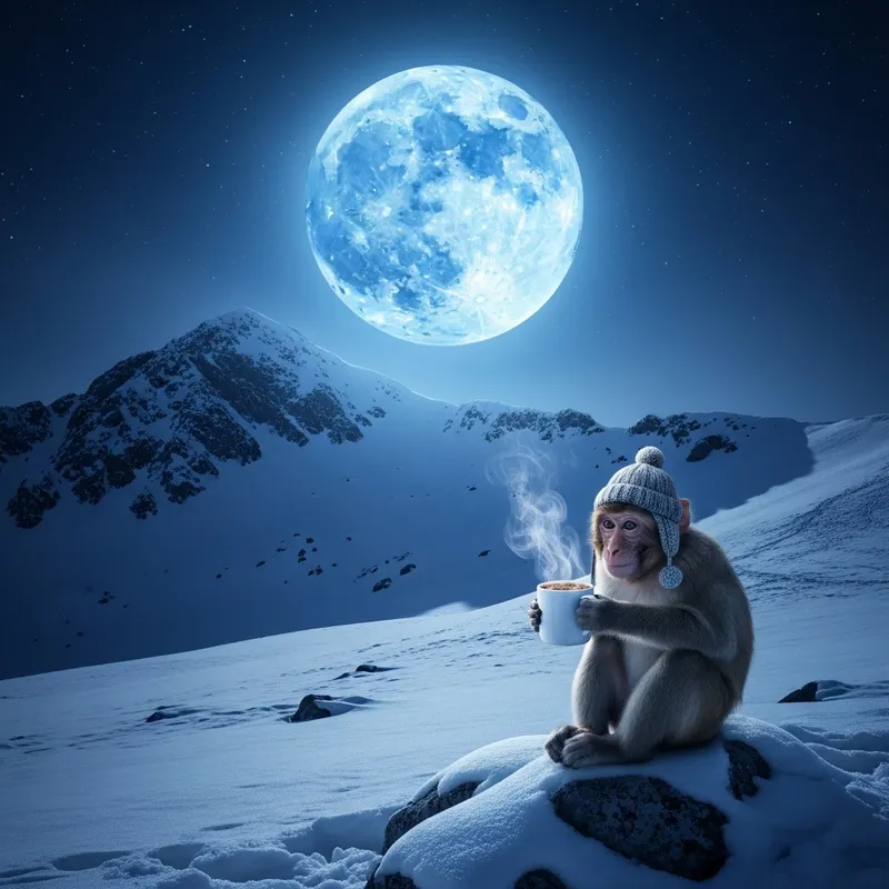 Blue Moon Over Snowy Mountain with Cocoa Monkey
