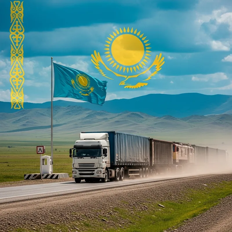 Cargo Transit in Kazakhstan with Flag or Logo: Steppe Road Scene