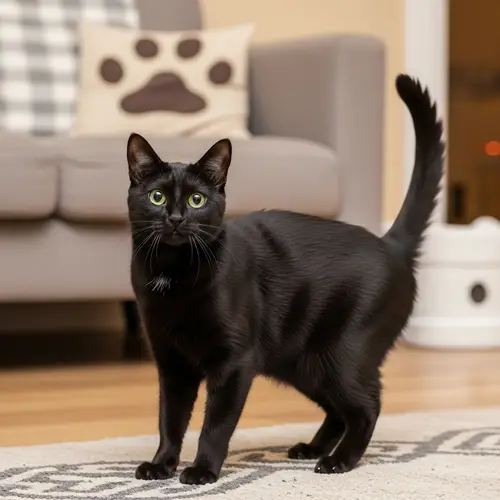 Sleek Black Domestic Cat Playing in Cozy Living Room