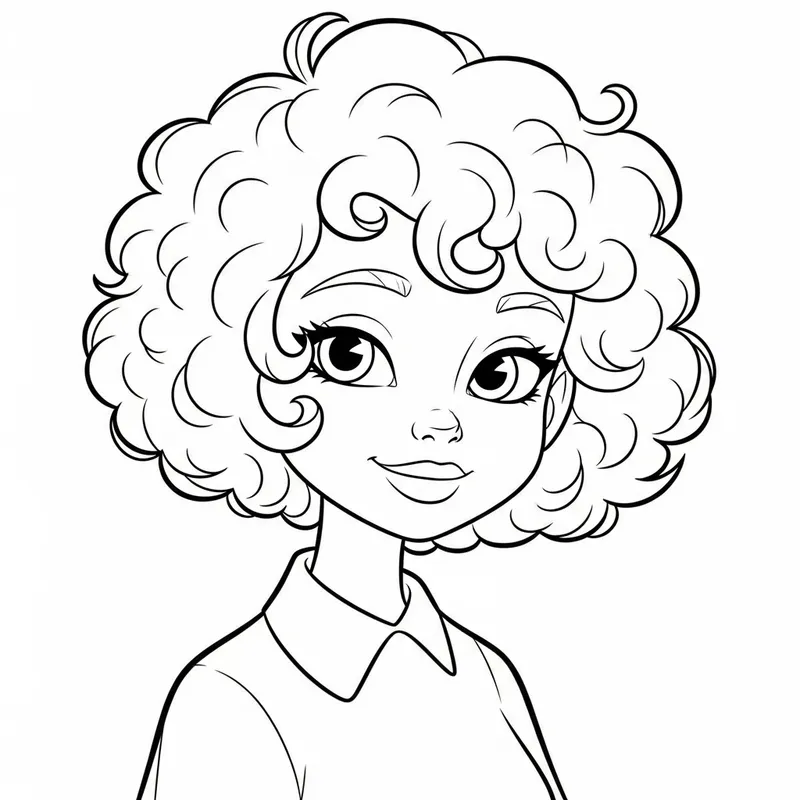 Pixar Style Line Drawing of Short Curly Hair Girl Coloring Page