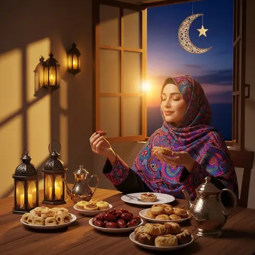 Ramadan Hijabi Woman Seated at Festive Table | Celebrating Sunset Fast