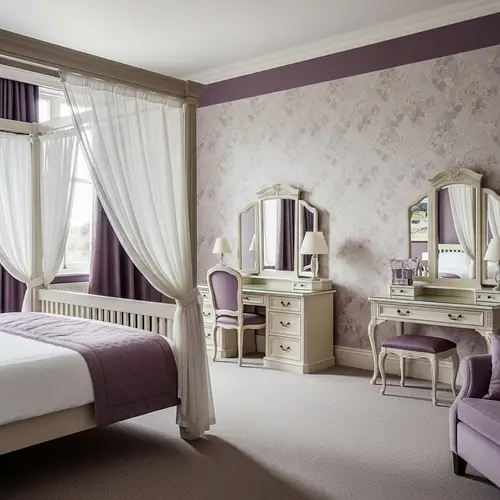 Elegant Room with Four-Poster Bed and Vanity in Purple and White
