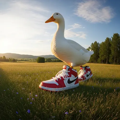 Giant Duck Walking in Serene Field | Stylish Basketball Sneakers
