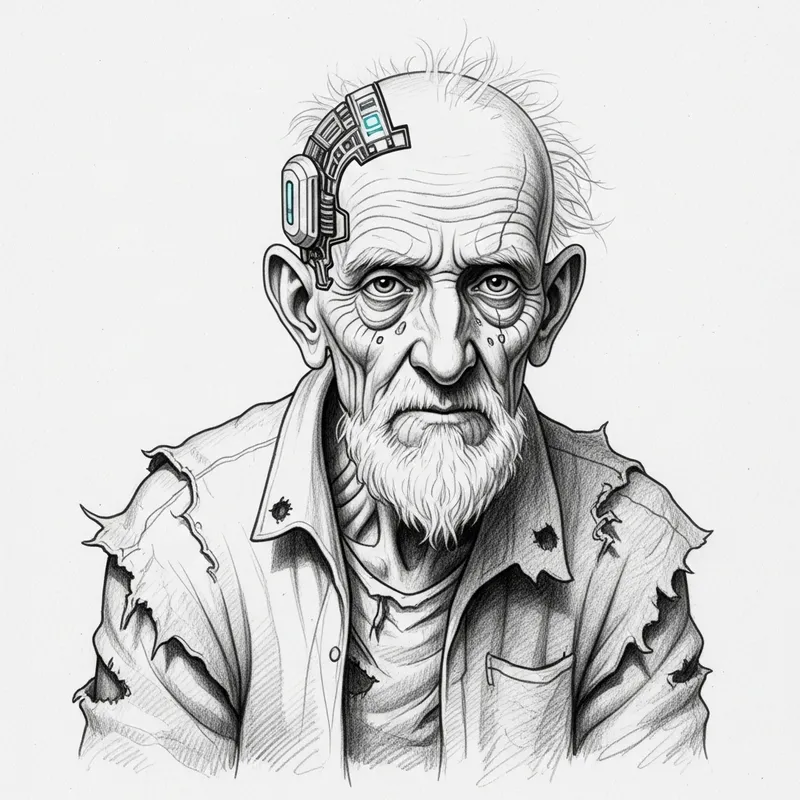 Futuristic Elderly Man with Cybernetic Implant Sketch in 2500