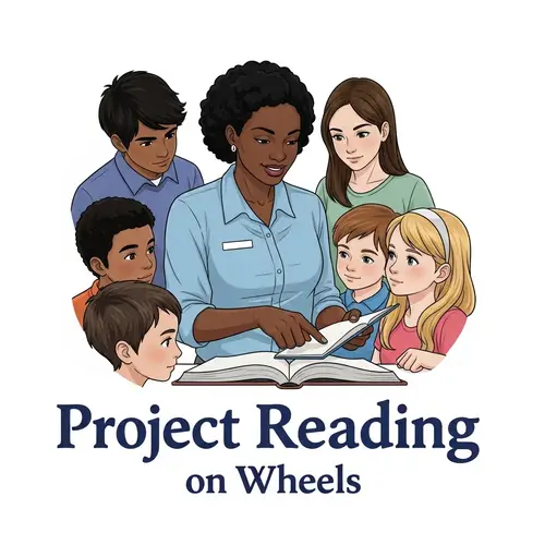 Project Reading on Wheels: Educational Logo Design with Female Teacher and Diverse Students
