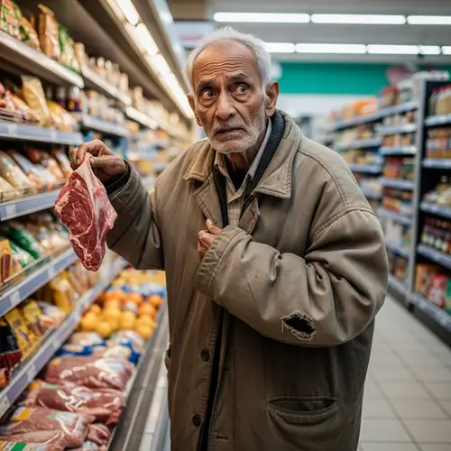 Elderly South Asian Man Picks Up Meat in Grocery Store