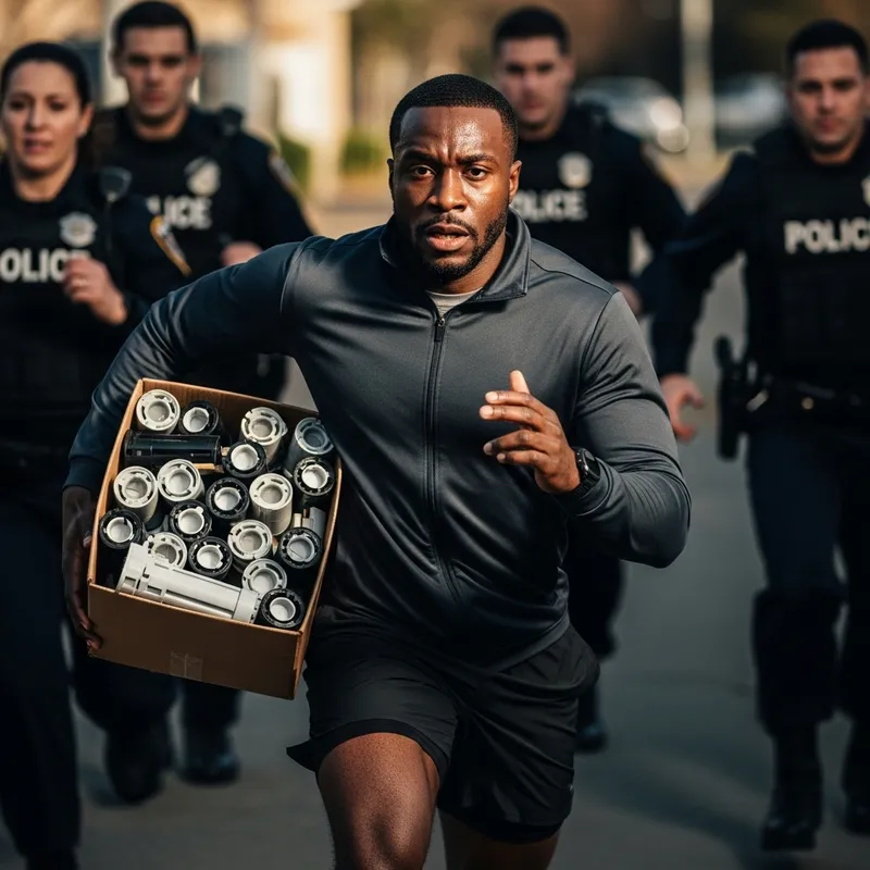 Fast Chase: Black Man Evading Police with Toner Cartridges