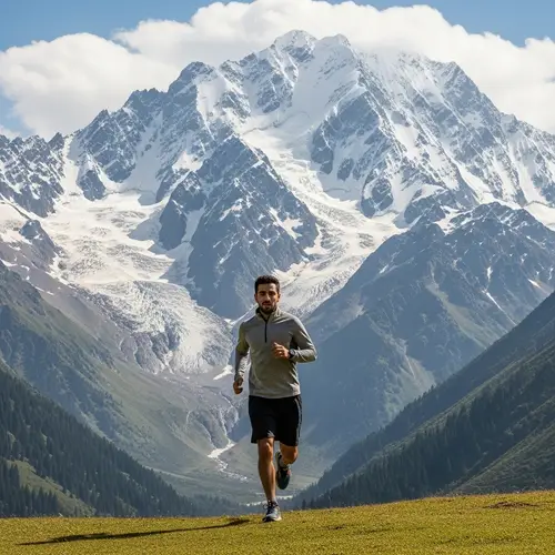 Middle-Eastern Man Running Towards Splendid Snowy Mountain Range
