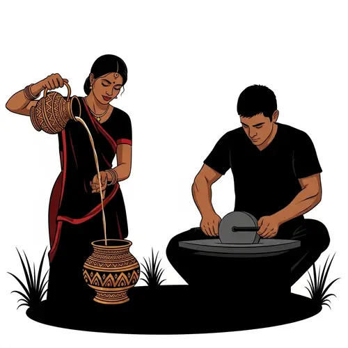 Silhouette of Woman Pouring and Man at Grindstone