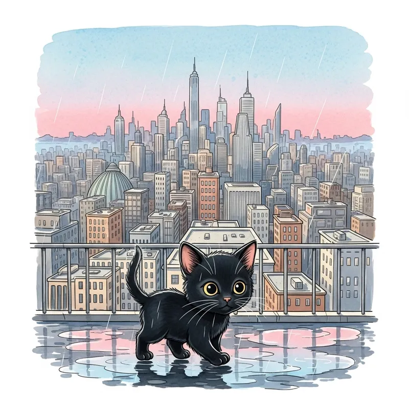 Black Kitten Exploring Watercolor Cityscape | Urban Adventure