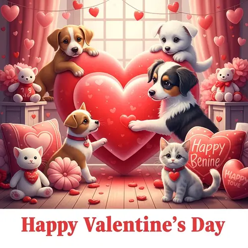 Charming Valentine's Day Scene with Dogs and Cats | Heartwarming Imagery