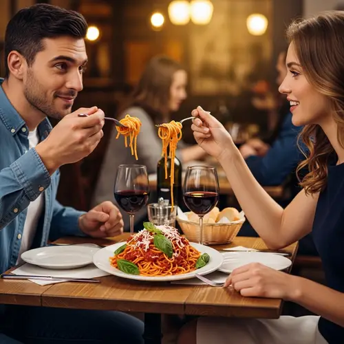 Man and Woman Eating Plate of Spaghetti