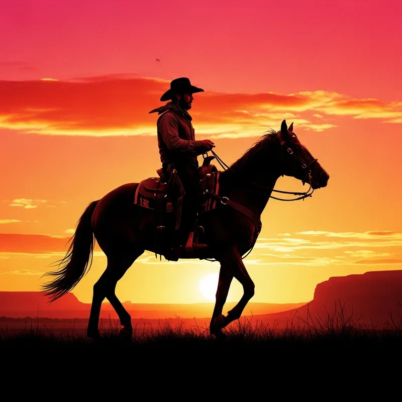 Cowboy Silhouetted Against Fiery Sunset on Majestic Horse