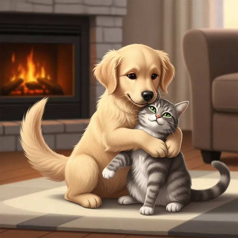 Heartwarming Pet Companionship: Dog and Cat Embracing