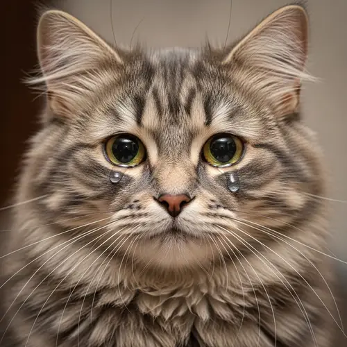 Melancholic Grey Fluffy Cat Teary Eyes
