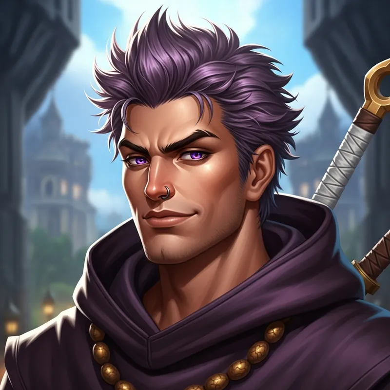 Confident Male Monk with Striking Features and Violet Hair in Fantasy Genre