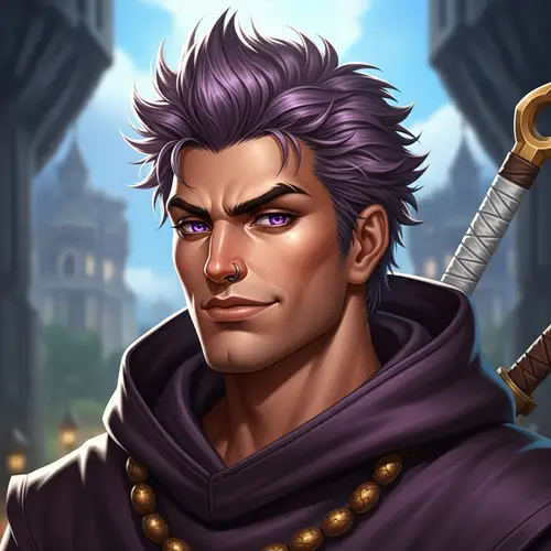 Handsome Hispanic Male Monk with Violet Hair in Fantasy Realm
