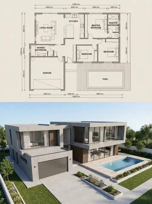 Architectural Visualization: Blueprint & Realistic Render