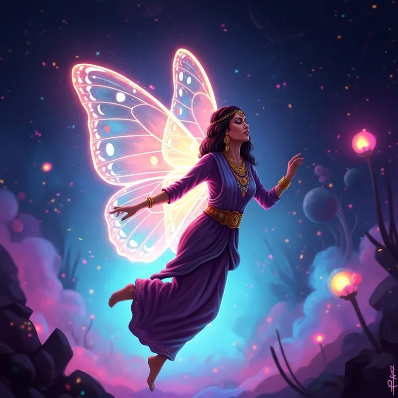 Surreal Digital Portrait of Middle-Eastern Woman with Luminescent Butterfly Wings