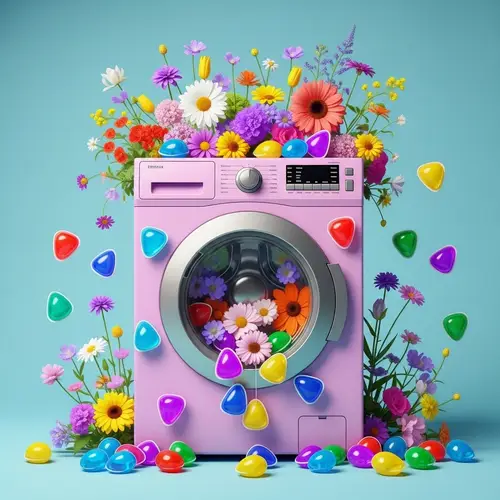 Cheerful Washing Machine with Flowers and Laundry Capsules - Fresh and Clean